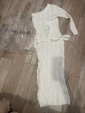 JOYFUNEAR White Open-Knit Maxi Dress with Belt